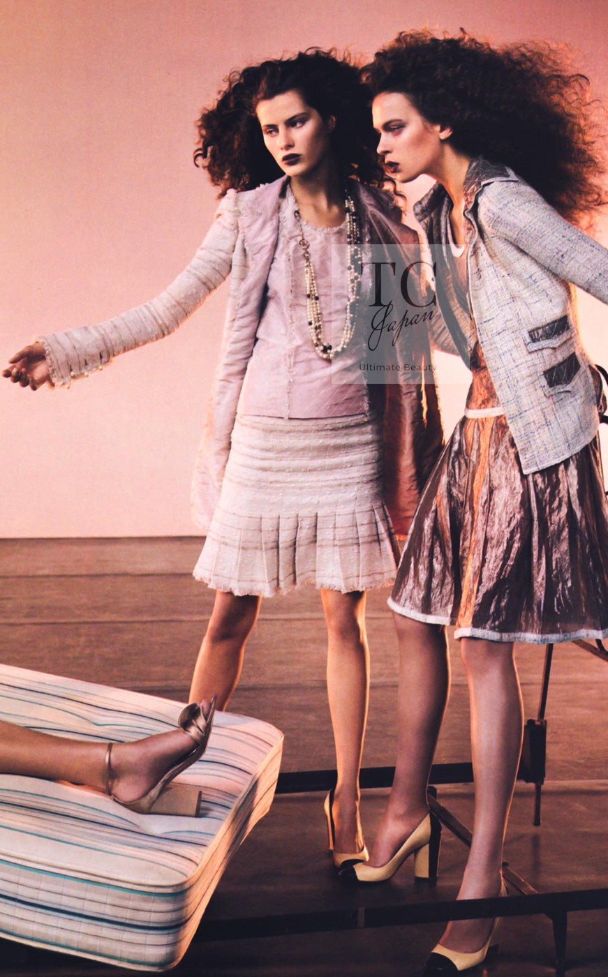 CHANEL 04S Ivory Beige Pink Coat Skirt Set 36 38 シャネル 生成り ベージュ ピンク コート スカート トップス セット 即発