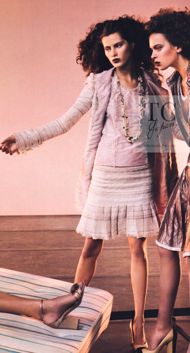 CHANEL 04S Ivory Beige Pink Coat Skirt Set 36 38 シャネル 生成り ベージュ ピンク コート スカート トップス セット 即発