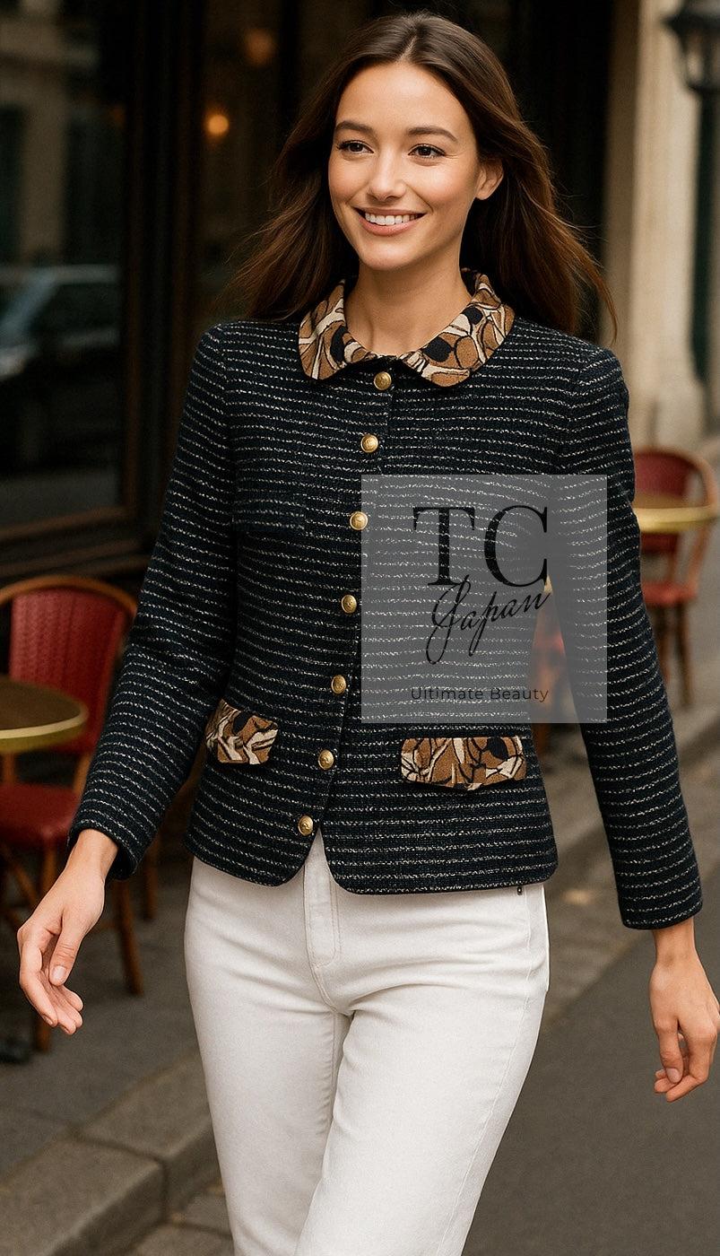 CHANEL 05S Black Brown Beige Cotton Tweed Jacket 40 シャネル ブラック ブラウン ベージュ CC ロゴ 裏地 コットン ツイード ジャケット 即発