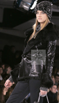 CHANEL 05A Black Rabbit Lapan Leather Jacket Coat 36 38 40 42 シャネル ブラック レザー ラビットファー ラパン ジャケット コート 即発