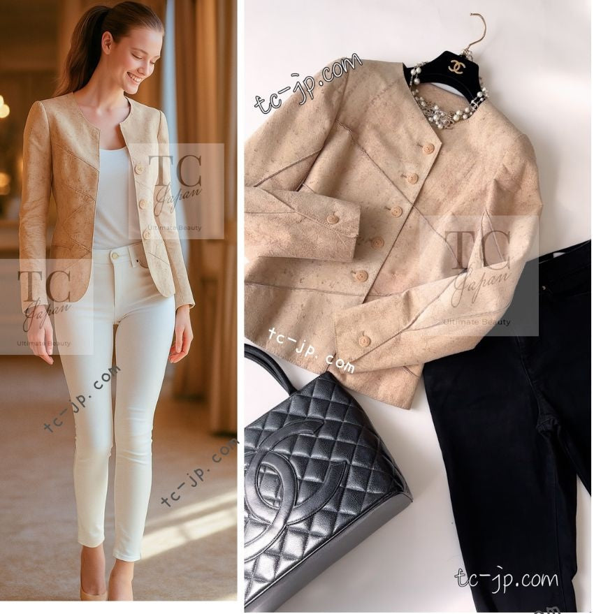 CHANEL 00C Beige Calf Skin Suede Leather Collarless Jacket 34 36 シャネル ベージュ カーフスキン スウェード レザー ノーカラー ジャケット 即発