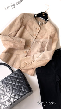 CHANEL 00C Beige Calf Skin Suede Leather Collarless Jacket 34 36 シャネル ベージュ カーフスキン スウェード レザー ノーカラー ジャケット 即発