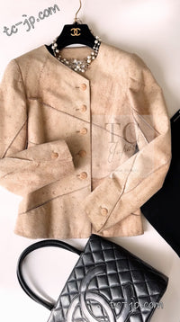 CHANEL 00C Beige Calf Skin Suede Leather Collarless Jacket 34 36 シャネル ベージュ カーフスキン スウェード レザー ノーカラー ジャケット 即発