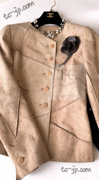 CHANEL 00C Beige Calf Skin Suede Leather Collarless Jacket 34 36 シャネル ベージュ カーフスキン スウェード レザー ノーカラー ジャケット 即発