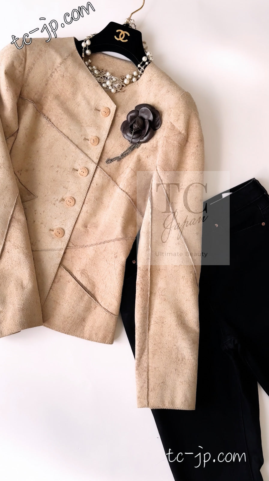 CHANEL 00C Beige Calf Skin Suede Leather Collarless Jacket 34 36 シャネル ベージュ カーフスキン スウェード レザー ノーカラー ジャケット 即発