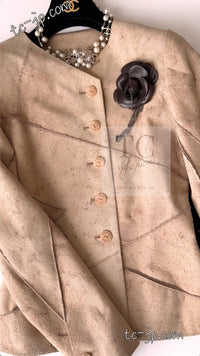 CHANEL 00C Beige Calf Skin Suede Leather Collarless Jacket 34 36 シャネル ベージュ カーフスキン スウェード レザー ノーカラー ジャケット 即発
