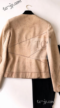 CHANEL 00C Beige Calf Skin Suede Leather Collarless Jacket 34 36 シャネル ベージュ カーフスキン スウェード レザー ノーカラー ジャケット 即発
