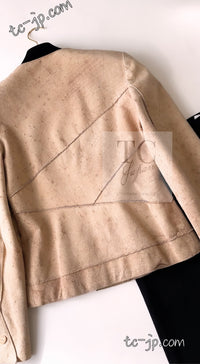 CHANEL 00C Beige Calf Skin Suede Leather Collarless Jacket 34 36 シャネル ベージュ カーフスキン スウェード レザー ノーカラー ジャケット 即発