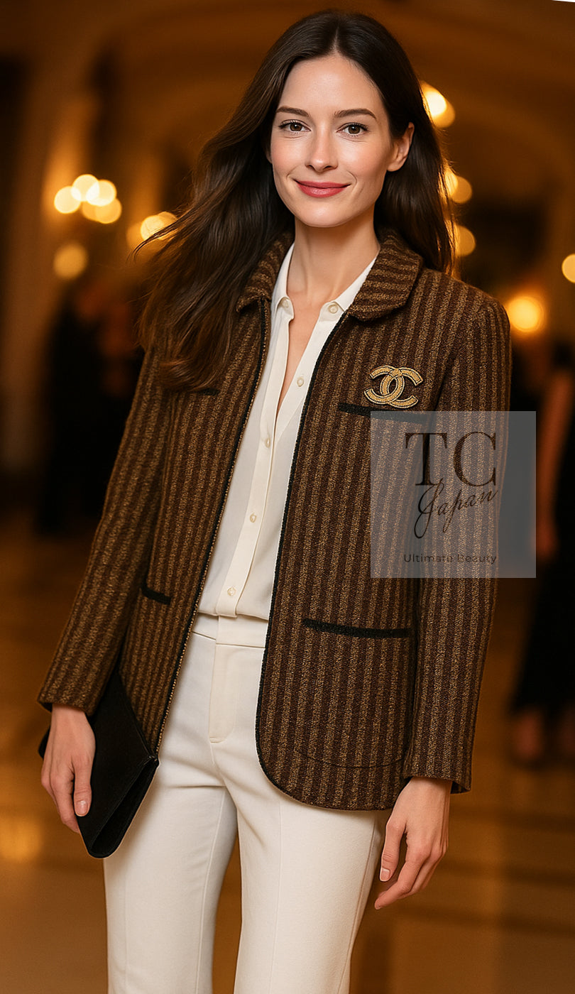 CHANEL 97A Vintage Olive Brown Wool Leather Trim Tweed Jacket 40 42 シャネル オリーブ ブラウン ウール レザー トリム ツイード ジャケット 即発