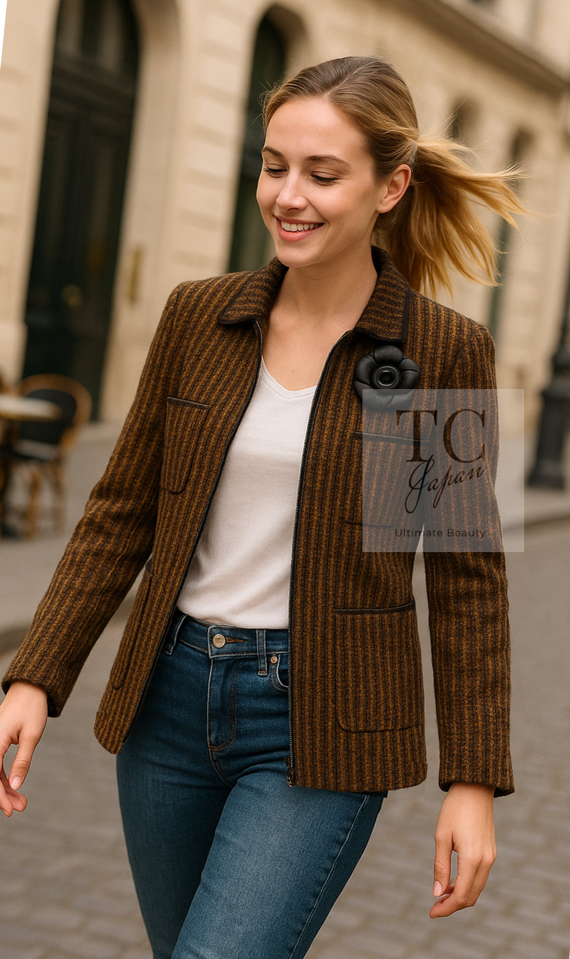 CHANEL 97A Vintage Olive Brown Wool Leather Trim Tweed Jacket 40 42 シャネル オリーブ ブラウン ウール レザー トリム ツイード ジャケット 即発