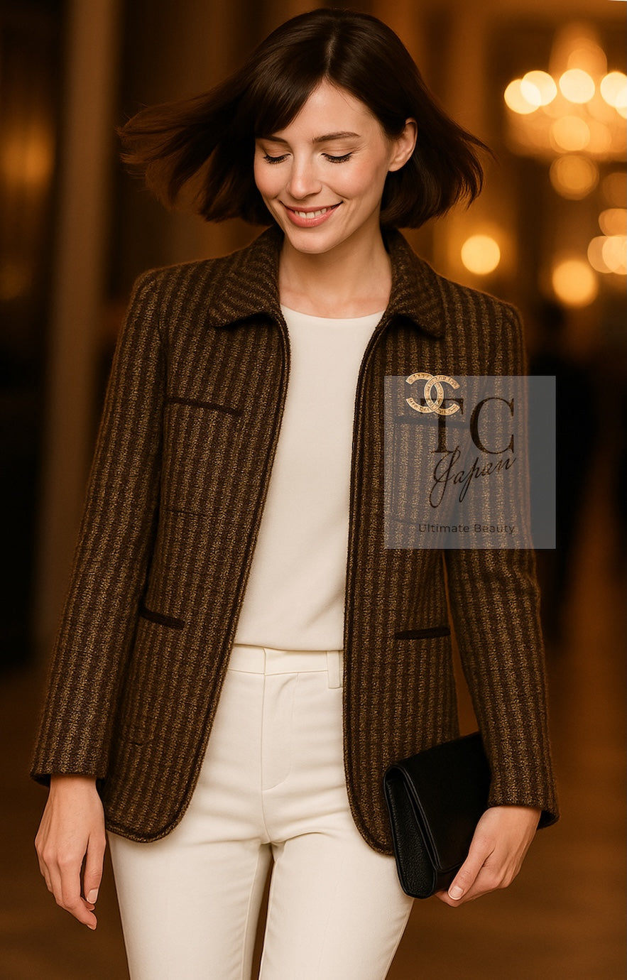 CHANEL 97A Vintage Olive Brown Wool Leather Trim Tweed Jacket 40 42 シャネル オリーブ ブラウン ウール レザー トリム ツイード ジャケット 即発