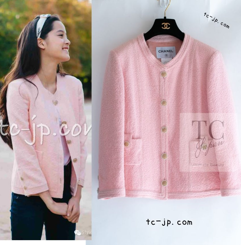 CHANEL 16C Pink CC Pearl Buttons Cotton Collarless Jacket 34 シャネル 一番人気 ピンク CC パール ボタン コットン ノーカラー ジャケット 即発