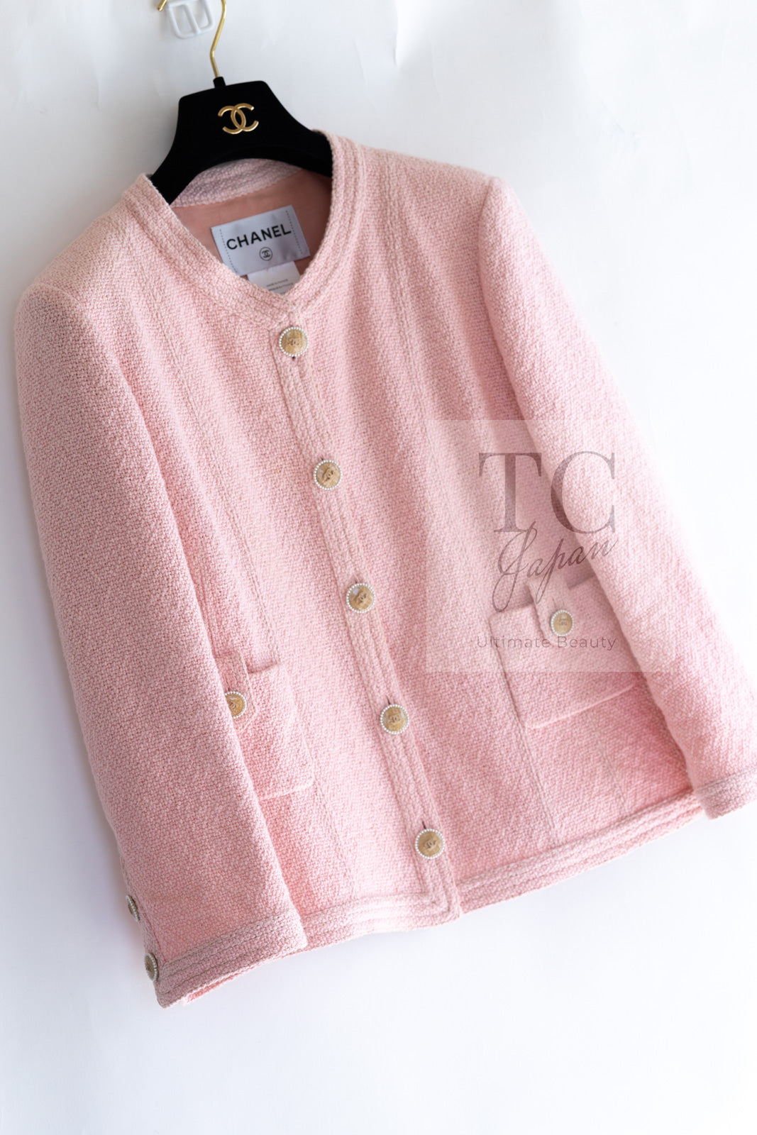 CHANEL 16C Pink CC Pearl Buttons Cotton Collarless Jacket 34 シャネル 一番人気 ピンク CC パール ボタン コットン ノーカラー ジャケット 即発