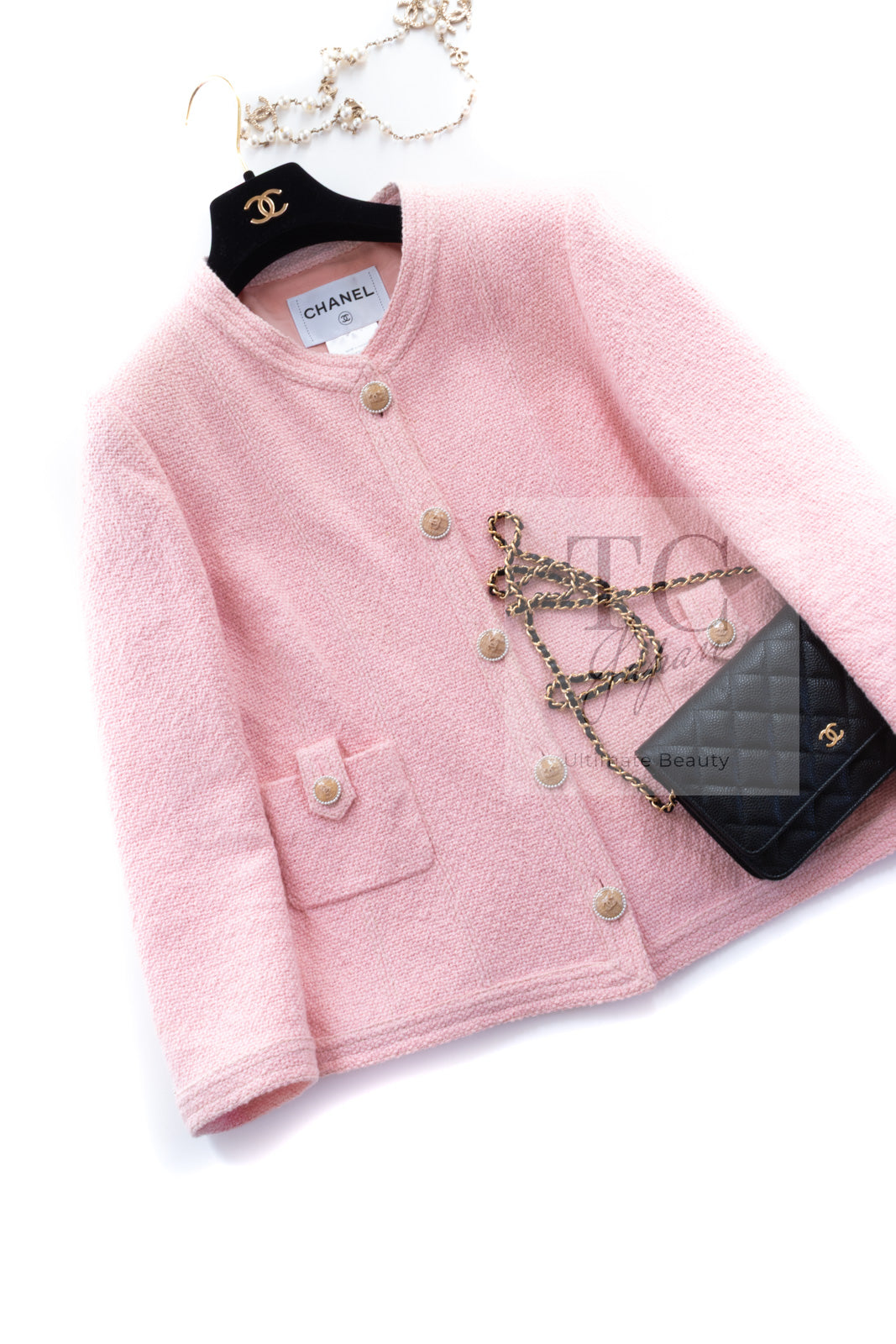CHANEL 16C Pink CC Pearl Buttons Cotton Collarless Jacket 34 シャネル 一番人気 ピンク CC パール ボタン コットン ノーカラー ジャケット 即発
