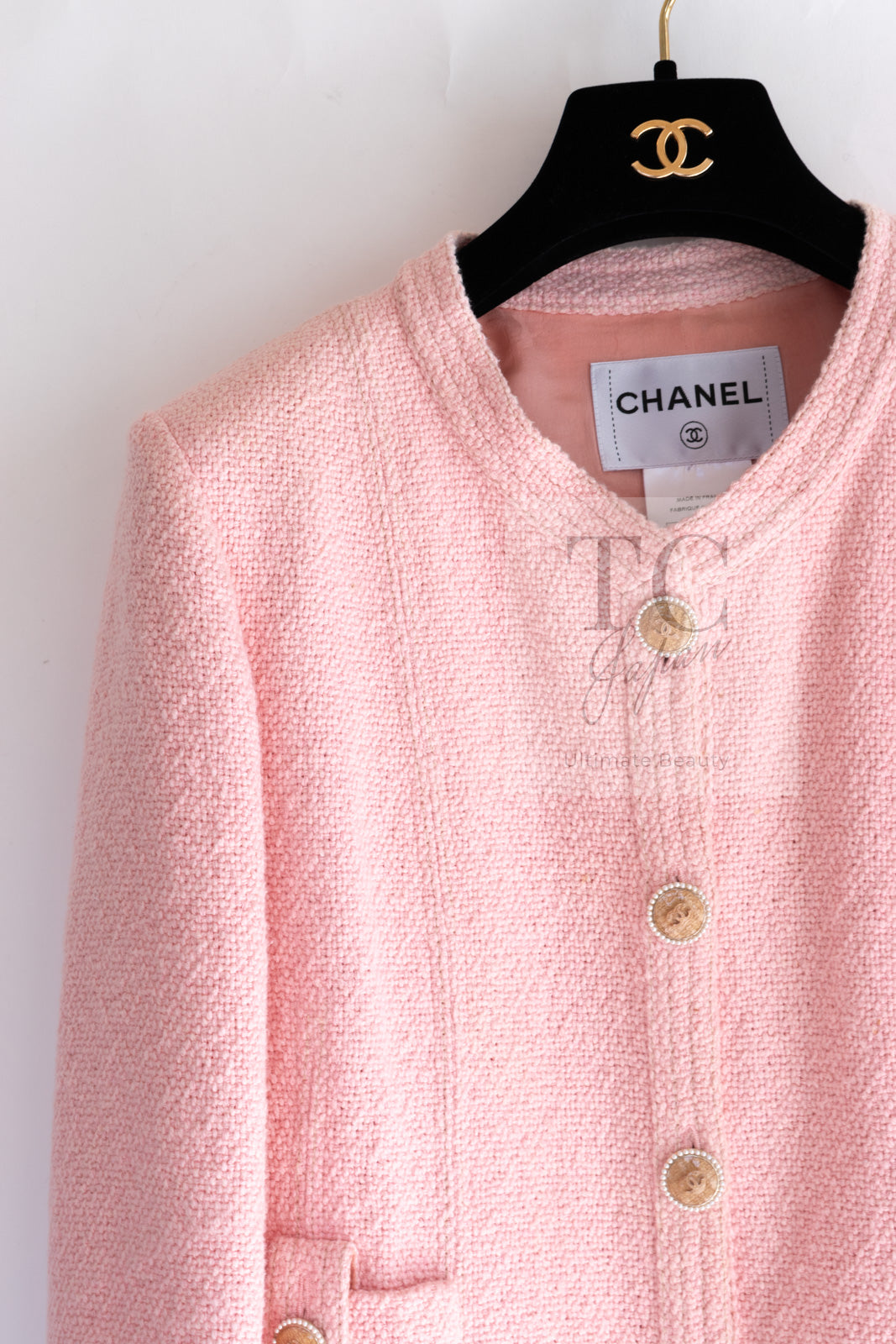 CHANEL 16C Pink CC Pearl Buttons Cotton Collarless Jacket 34 シャネル 一番人気 ピンク CC パール ボタン コットン ノーカラー ジャケット 即発