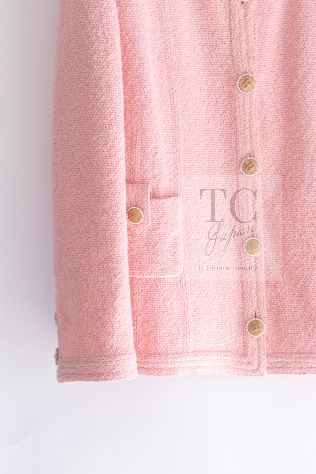 CHANEL 16C Pink CC Pearl Buttons Cotton Collarless Jacket 34 シャネル 一番人気 ピンク CC パール ボタン コットン ノーカラー ジャケット 即発