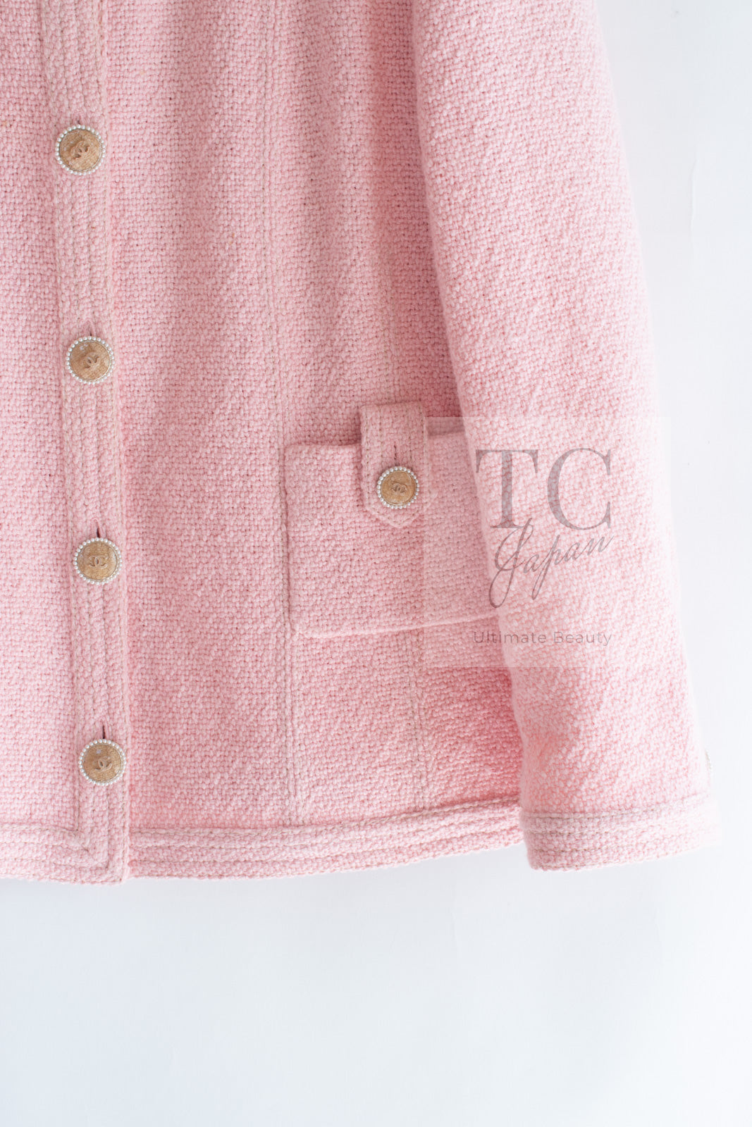 CHANEL 16C Pink CC Pearl Buttons Cotton Collarless Jacket 34 シャネル 一番人気 ピンク CC パール ボタン コットン ノーカラー ジャケット 即発