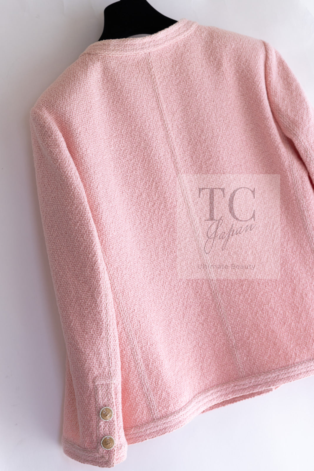 CHANEL 16C Pink CC Pearl Buttons Cotton Collarless Jacket 34 シャネル 一番人気 ピンク CC パール ボタン コットン ノーカラー ジャケット 即発