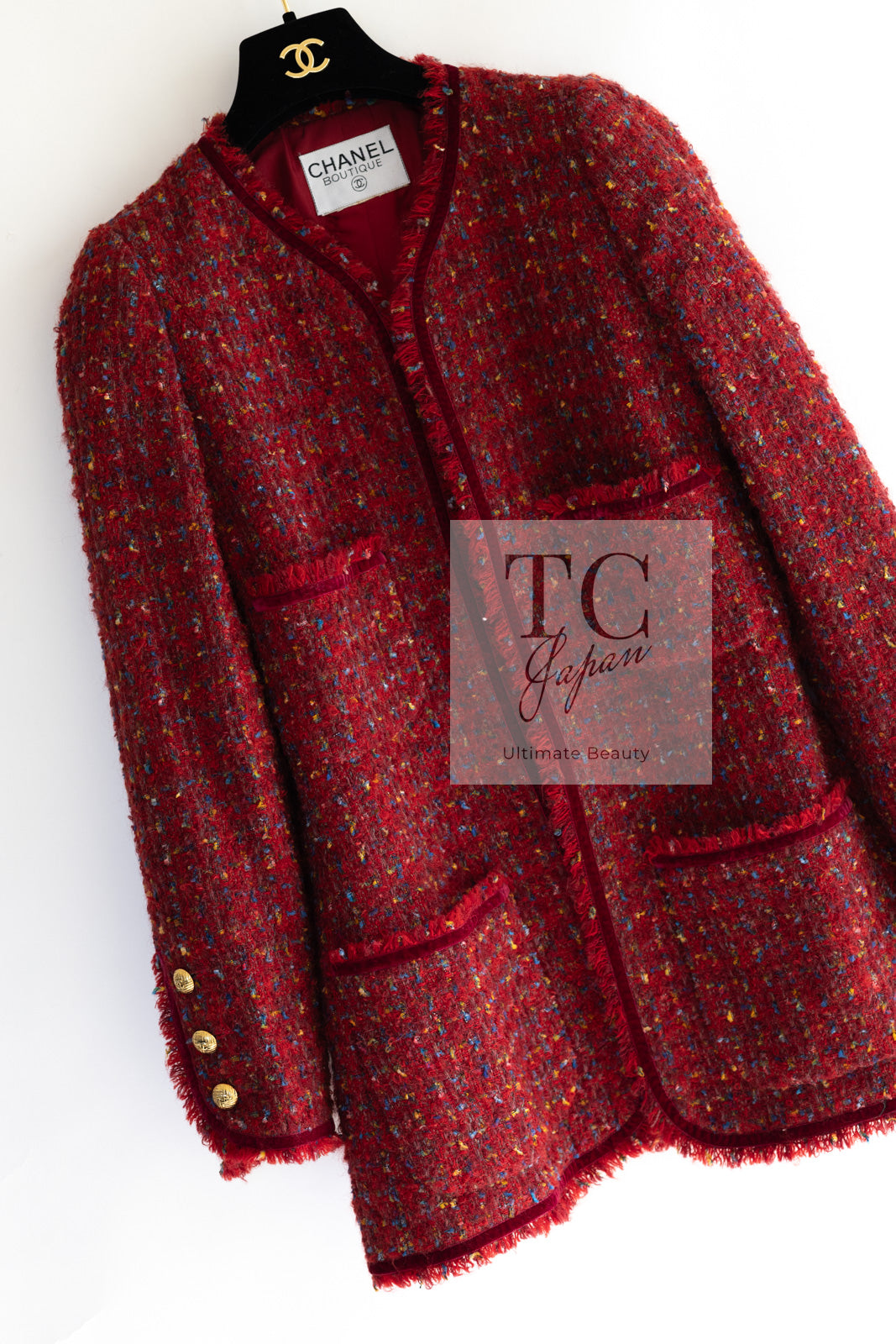 CHANEL 90A Vintage Red Wool Mohair Gold CC Button Jacket Coat 40 42 シャネル ヴィンテージ レッド ウール モヘア ゴールド ココボタン ジャケット コート 即発
