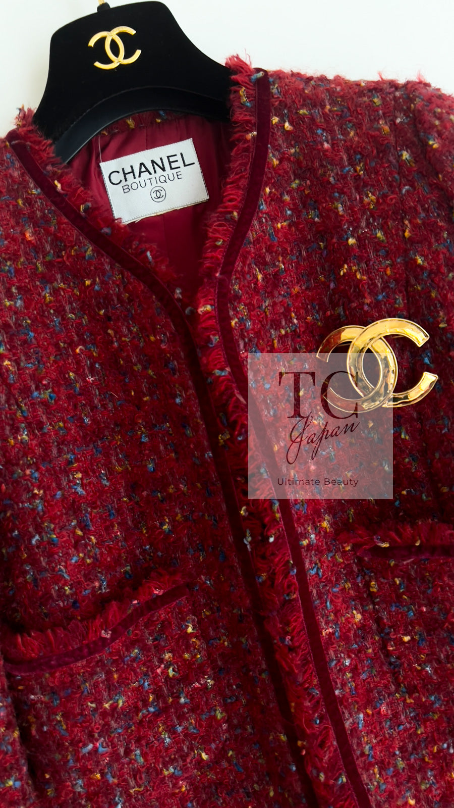 CHANEL 90A Vintage Red Wool Mohair Gold CC Button Jacket Coat 40 42 シャネル ヴィンテージ レッド ウール モヘア ゴールド ココボタン ジャケット コート 即発