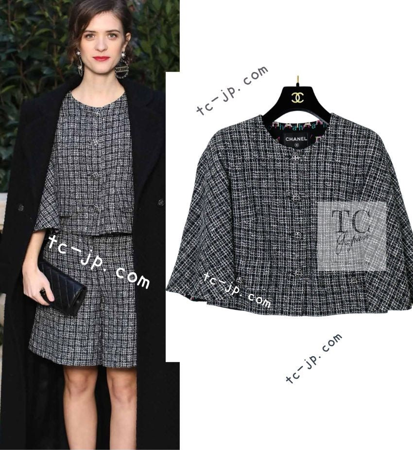 CHANEL 19PS Black Gray Silver Metallic Cropped Tweed Jacket 38 シャネル グレー シルバー メタリック クロップド ツイード ジャケット 即発