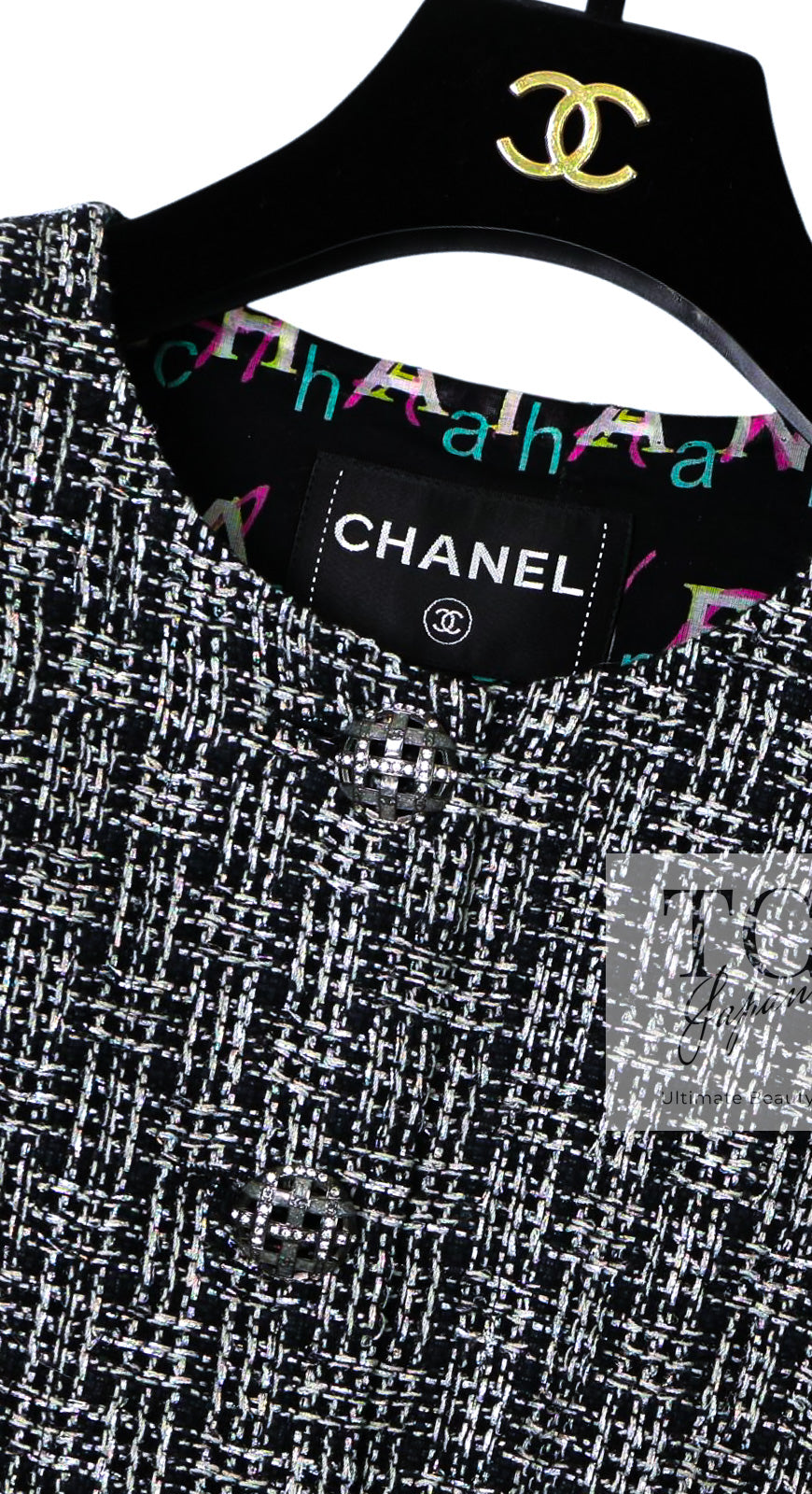 CHANEL 19PS Black Gray Silver Metallic Cropped Tweed Jacket 38 シャネル グレー シルバー メタリック クロップド ツイード ジャケット 即発