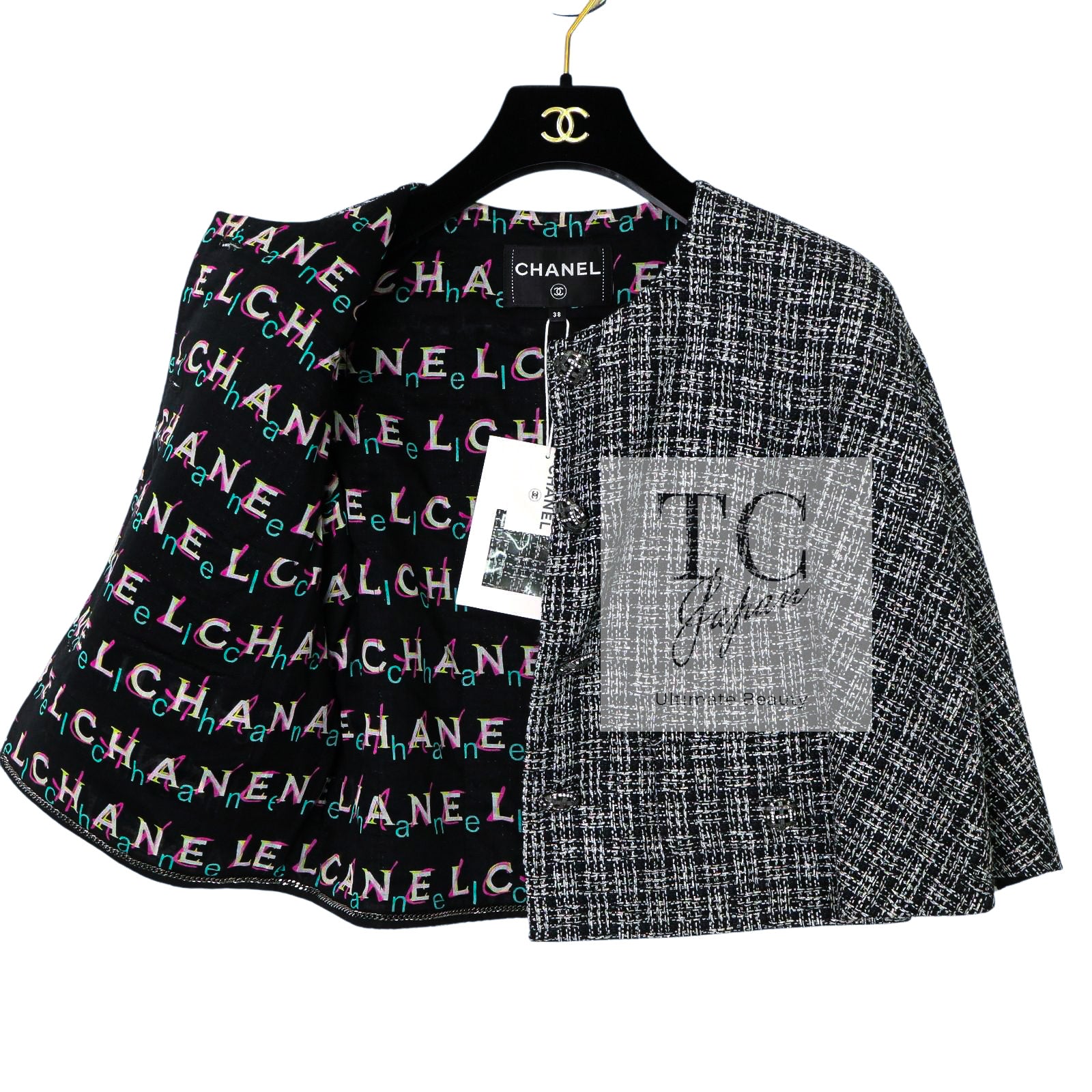 CHANEL 19PS Black Gray Silver Metallic Cropped Tweed Jacket 38 シャネル グレー シルバー メタリック クロップド ツイード ジャケット 即発