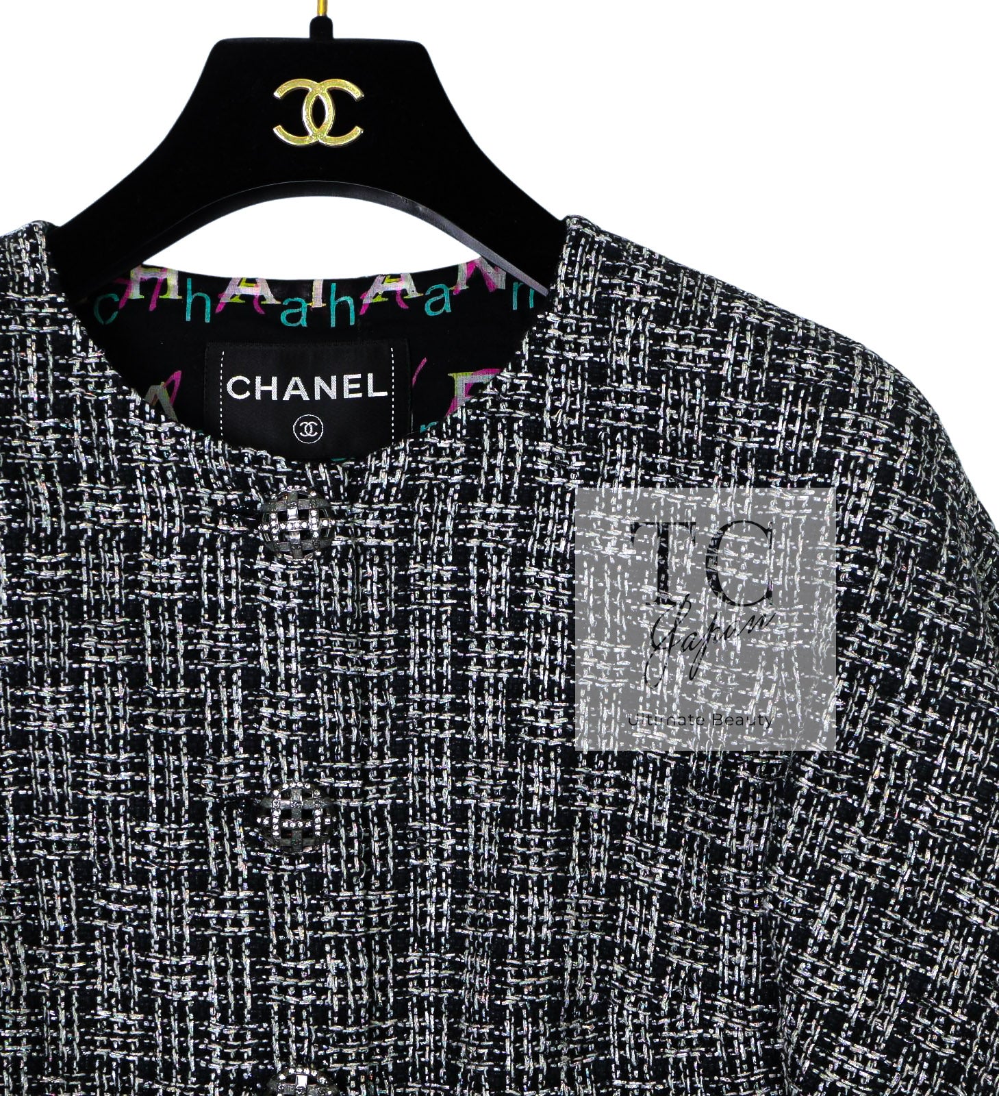 CHANEL 19PS Black Gray Silver Metallic Cropped Tweed Jacket 38 シャネル グレー シルバー メタリック クロップド ツイード ジャケット 即発