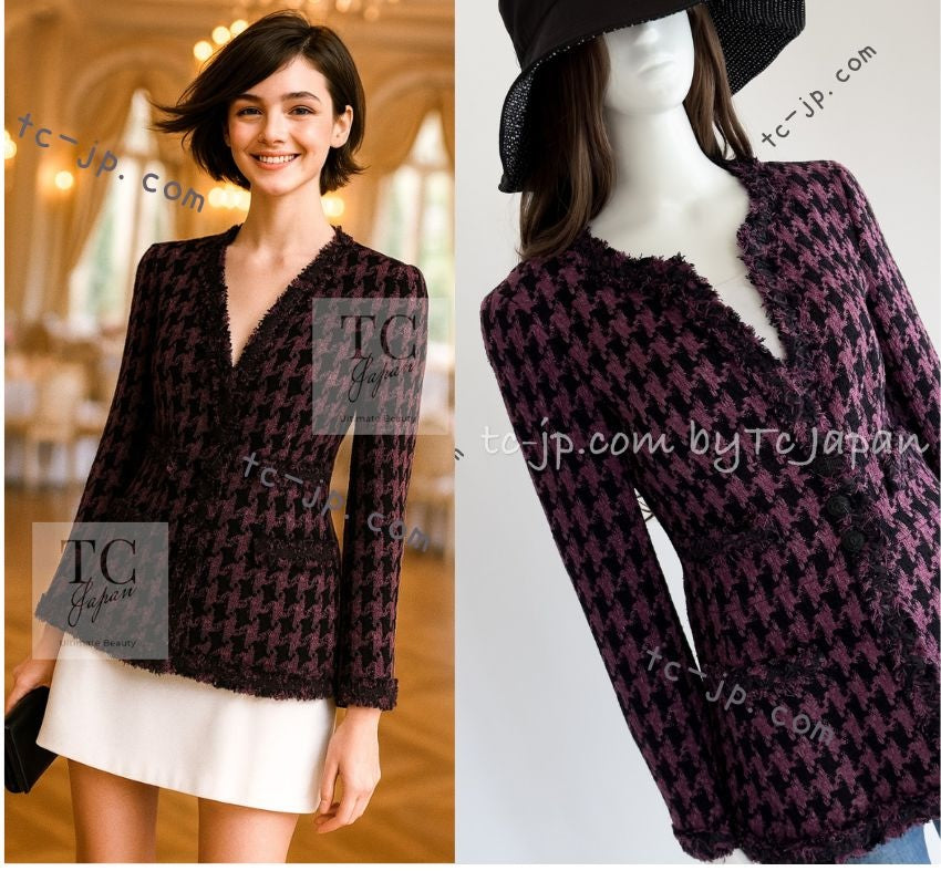 CHANEL 09S Purple Black Houndstooth Silk Tweed Jacket 38 シャネル パープル ブラック 千鳥柄 シルク ツイード ジャケット 即発