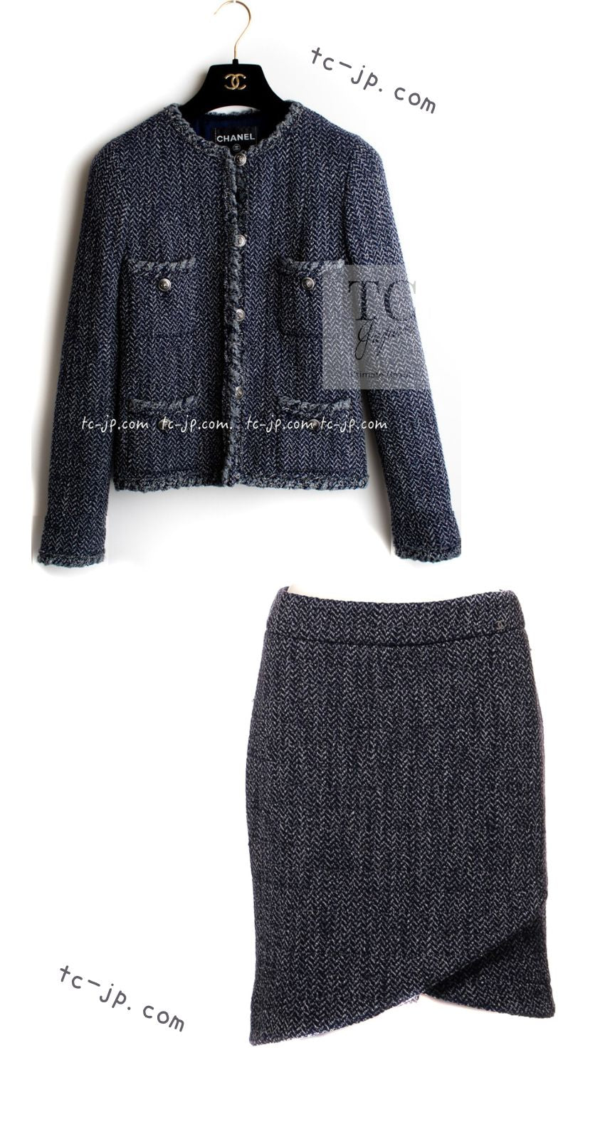 シャネル ジャケット スーツ CHANEL ネイビー グレー ライオン ボタン 