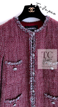 CHANEL 08A Bordeaux Wine Red Gray Wool Tweed Jacket 34 シャネル ボルドー ワイン レッド グレー ウール ツイード ジャケット 即発