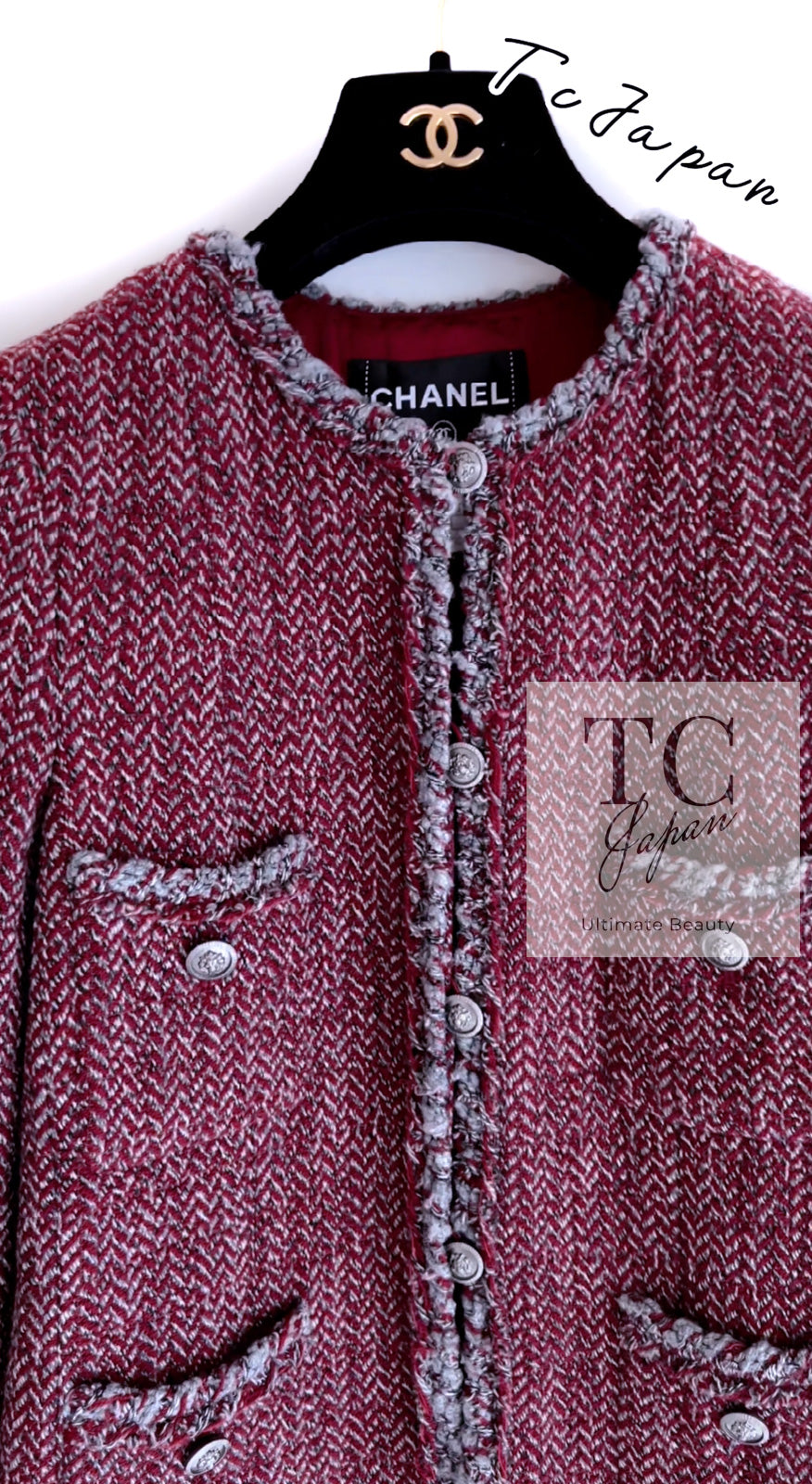 CHANEL 08A Bordeaux Wine Red Gray Wool Tweed Jacket 34 シャネル ボルドー ワイン レッド グレー ウール ツイード ジャケット 即発