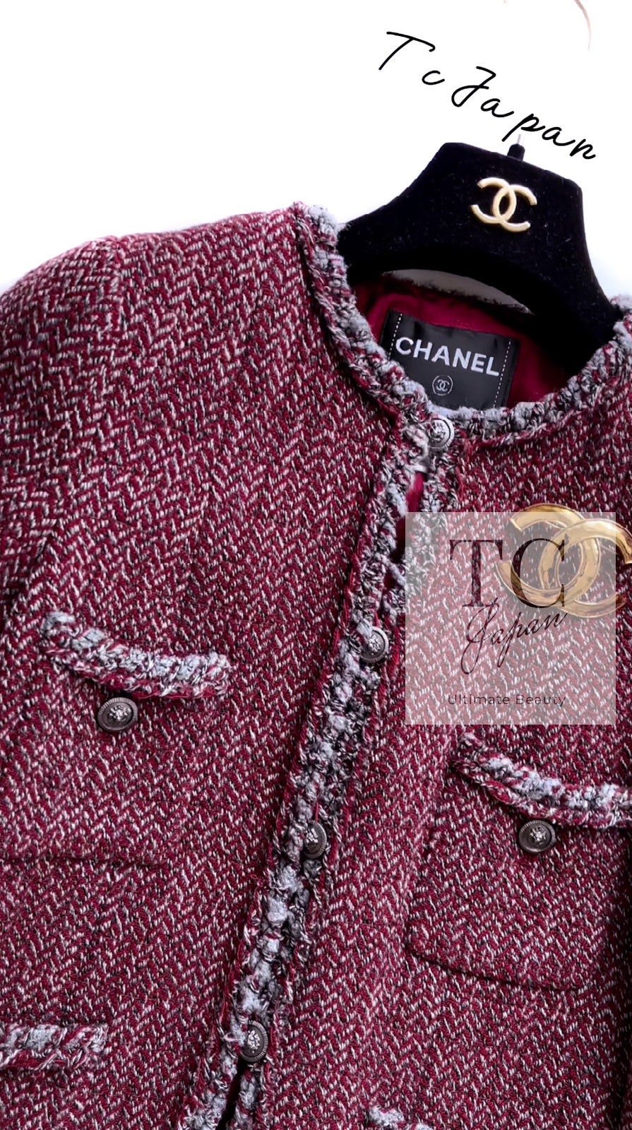 CHANEL 08A Bordeaux Wine Red Gray Wool Tweed Jacket 34 シャネル ボルドー ワイン レッド グレー ウール ツイード ジャケット 即発