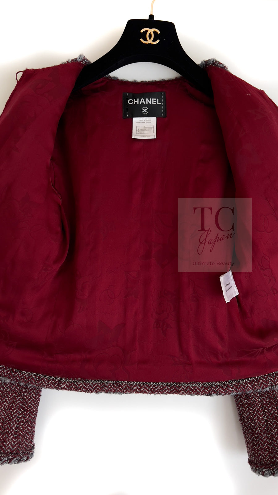 CHANEL 08A Bordeaux Wine Red Gray Wool Tweed Jacket 34 シャネル ボルドー ワイン レッド グレー ウール ツイード ジャケット 即発