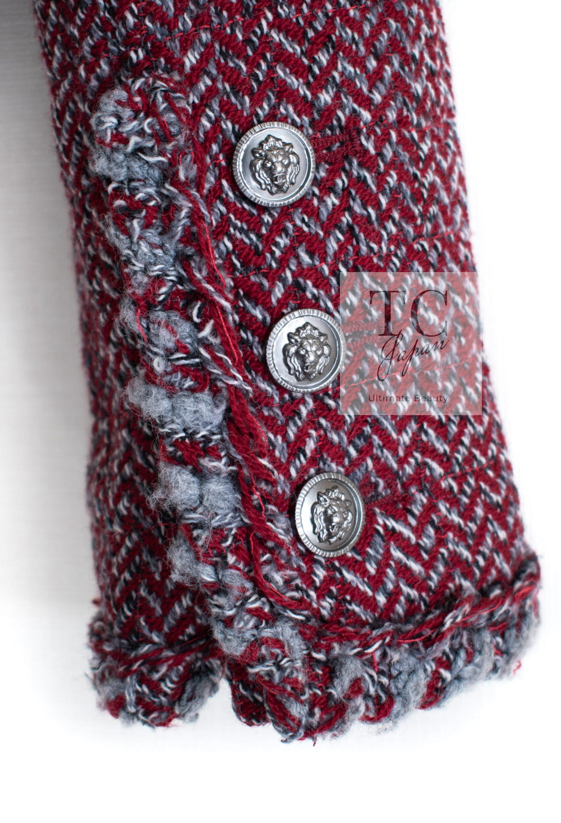 CHANEL 08A Bordeaux Wine Red Gray Wool Tweed Jacket 34 シャネル ボルドー ワイン レッド グレー ウール ツイード ジャケット 即発
