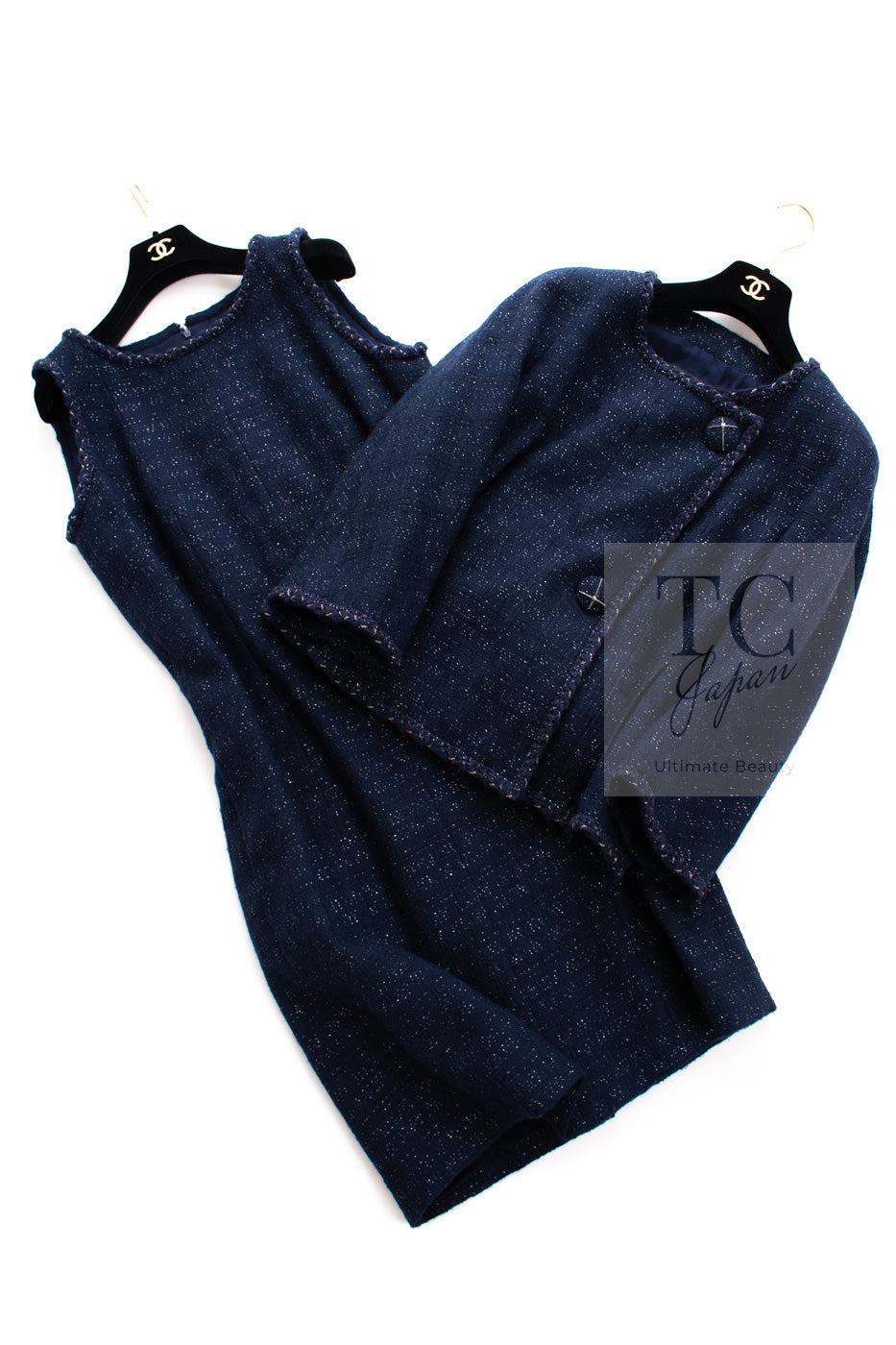 CHANEL 07A Navy Wool Braided Trim Tweed Jacket Dress Setup 42 シャネル ネイビー ウール チェーン ブレイドトリミング ツイード ジャケット ワンピース セットアップ 即発