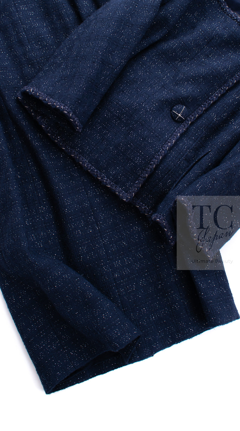 CHANEL 07A Navy Wool Braided Trim Tweed Jacket Dress Setup 42 シャネル ネイビー ウール チェーン ブレイドトリミング ツイード ジャケット ワンピース セットアップ 即発