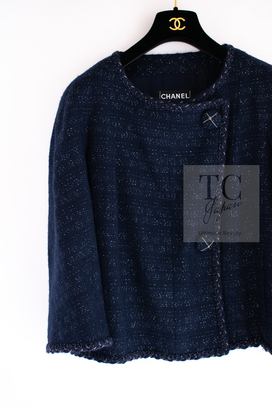 CHANEL 07A Navy Wool Braided Trim Tweed Jacket Dress Setup 42 シャネル ネイビー ウール チェーン ブレイドトリミング ツイード ジャケット ワンピース セットアップ 即発