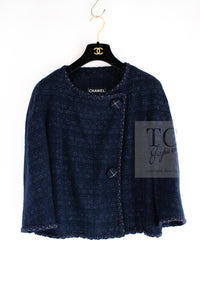 CHANEL 07A Navy Wool Braided Trim Tweed Jacket Dress Setup 42 シャネル ネイビー ウール チェーン ブレイドトリミング ツイード ジャケット ワンピース セットアップ 即発