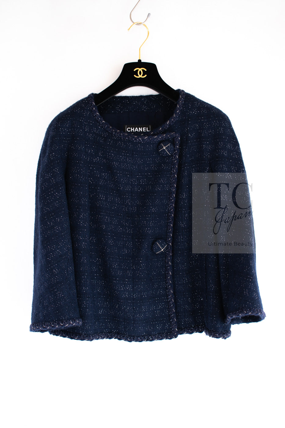 CHANEL 07A Navy Wool Braided Trim Tweed Jacket Dress Setup 42 シャネル ネイビー ウール チェーン ブレイドトリミング ツイード ジャケット ワンピース セットアップ 即発