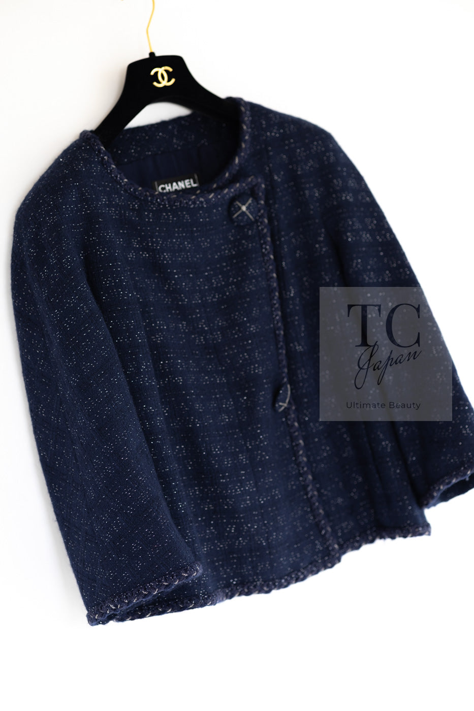 CHANEL 07A Navy Wool Braided Trim Tweed Jacket Dress Setup 42 シャネル ネイビー ウール チェーン ブレイドトリミング ツイード ジャケット ワンピース セットアップ 即発