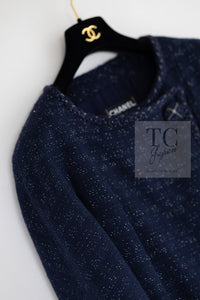 CHANEL 07A Navy Wool Braided Trim Tweed Jacket Dress Setup 42 シャネル ネイビー ウール チェーン ブレイドトリミング ツイード ジャケット ワンピース セットアップ 即発
