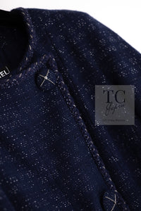 CHANEL 07A Navy Wool Braided Trim Tweed Jacket Dress Setup 42 シャネル ネイビー ウール チェーン ブレイドトリミング ツイード ジャケット ワンピース セットアップ 即発