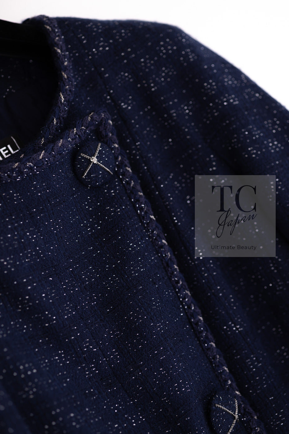 CHANEL 07A Navy Wool Braided Trim Tweed Jacket Dress Setup 42 シャネル ネイビー ウール チェーン ブレイドトリミング ツイード ジャケット ワンピース セットアップ 即発