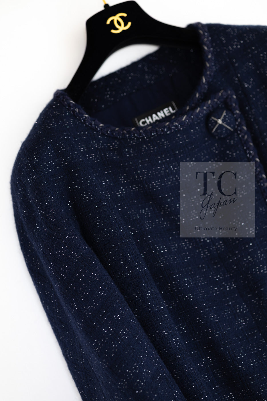 CHANEL 07A Navy Wool Braided Trim Tweed Jacket Dress Setup 42 シャネル ネイビー ウール チェーン ブレイドトリミング ツイード ジャケット ワンピース セットアップ 即発
