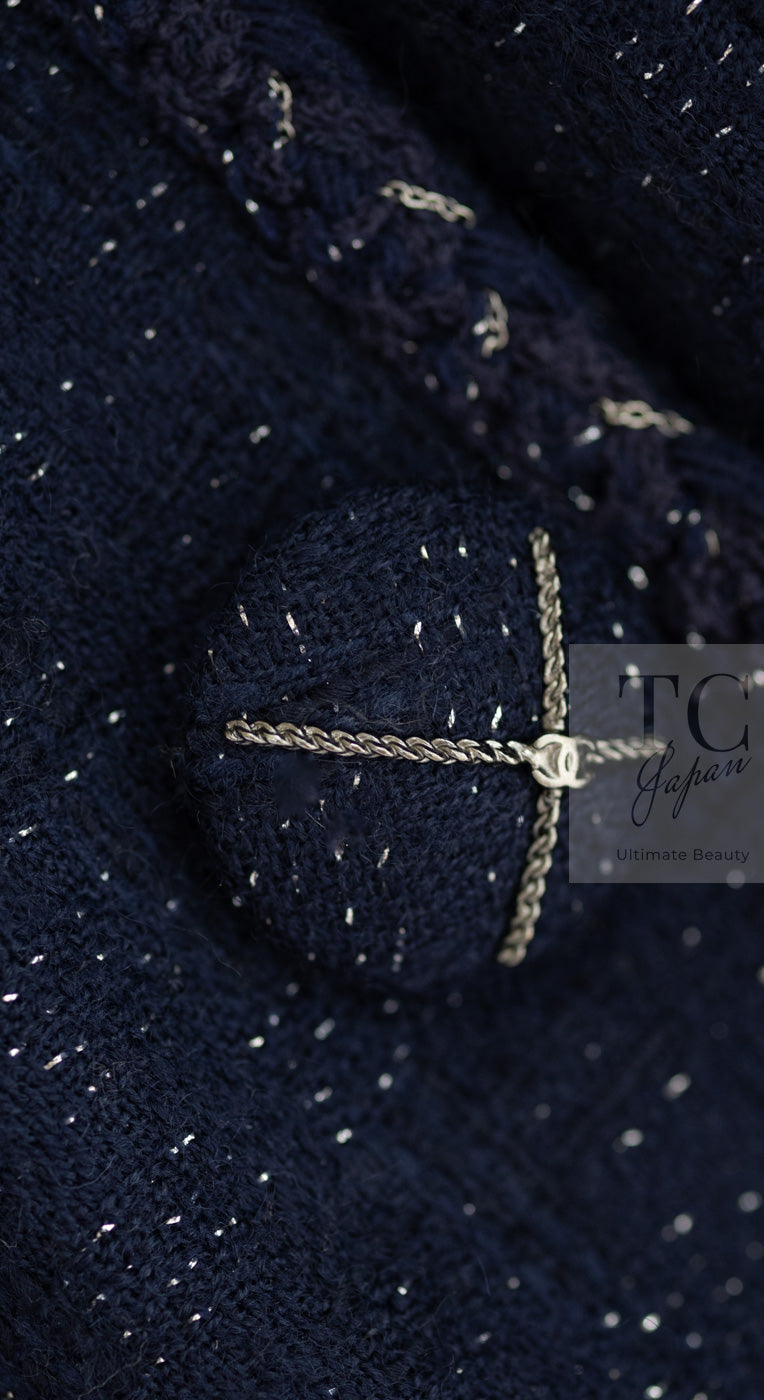 CHANEL 07A Navy Wool Braided Trim Tweed Jacket Dress Setup 42 シャネル ネイビー ウール チェーン ブレイドトリミング ツイード ジャケット ワンピース セットアップ 即発