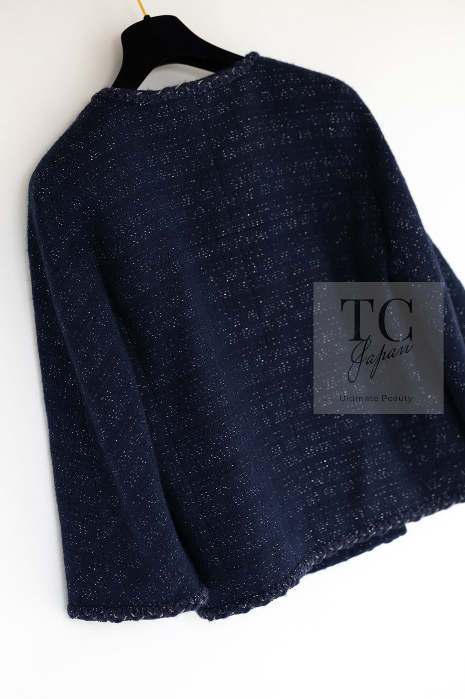 CHANEL 07A Navy Wool Braided Trim Tweed Jacket Dress Setup 42 シャネル ネイビー ウール チェーン ブレイドトリミング ツイード ジャケット ワンピース セットアップ 即発