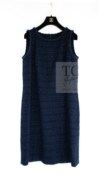 CHANEL 07A Navy Wool Braided Trim Tweed Jacket Dress Setup 42 シャネル ネイビー ウール チェーン ブレイドトリミング ツイード ジャケット ワンピース セットアップ 即発