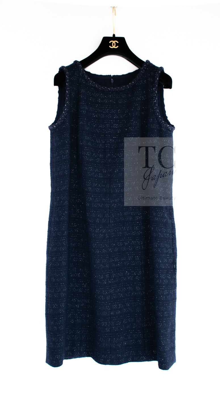 CHANEL 07A Navy Wool Braided Trim Tweed Jacket Dress Setup 42 シャネル ネイビー ウール チェーン ブレイドトリミング ツイード ジャケット ワンピース セットアップ 即発
