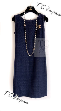 CHANEL 07A Navy Wool Braided Trim Tweed Jacket Dress Setup 42 シャネル ネイビー ウール チェーン ブレイドトリミング ツイード ジャケット ワンピース セットアップ 即発